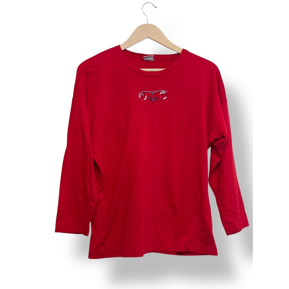 Vintage Nautical Embroidered Long Sleeve Top Women Size Large Red Cotton Coastal